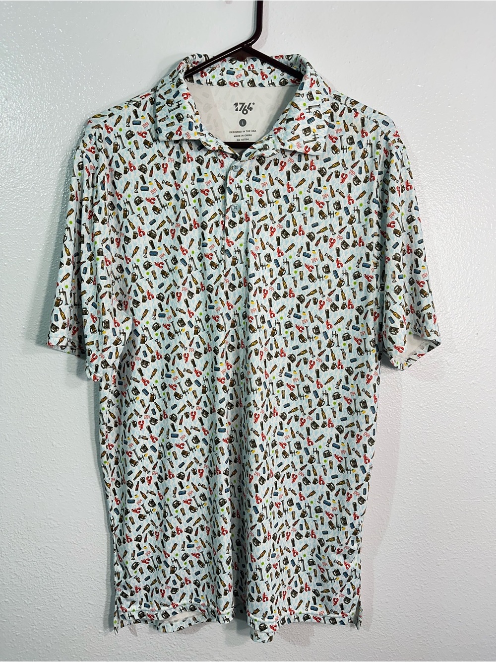 1764 Mens Lg Golf Polo Shirt Lobster Beer Polyester Short Sleeve Craft Brewery